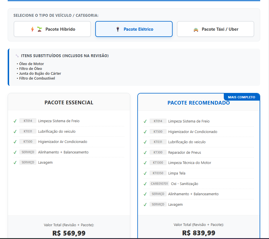Tela real do cardápio digital — pacote elétrico