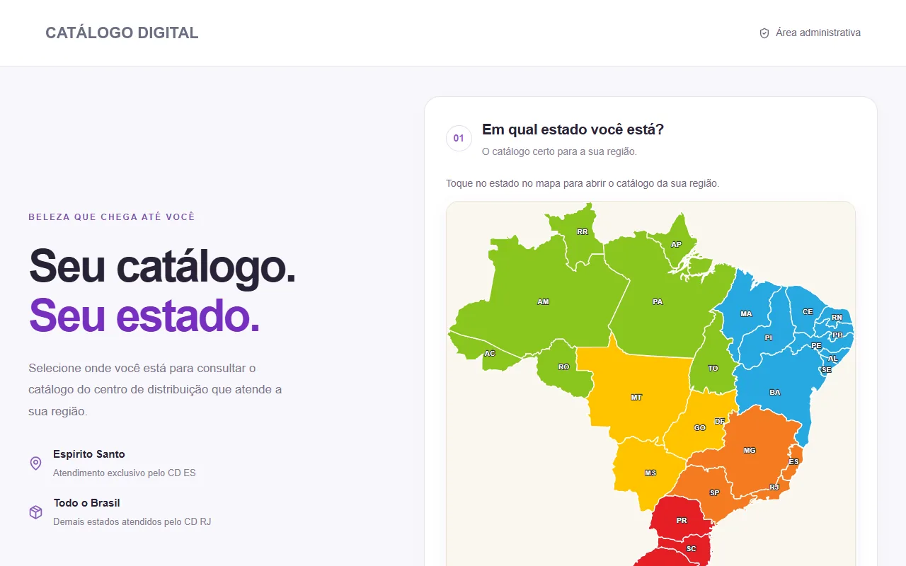 Catálogo digital por estado com mapa do Brasil