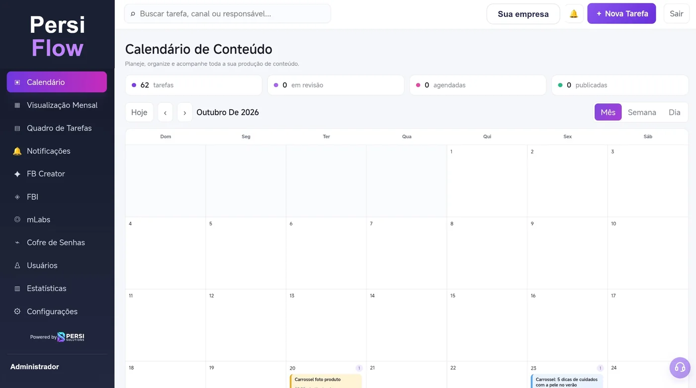 Calendário de conteúdo do Persi Flow